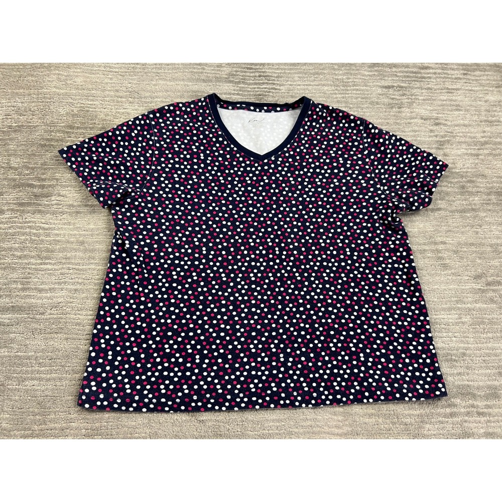 Kim Rogers T-Shirt Womens L Navy Blue Polka Dot V-Neck Cotton Short Sleeve Tee